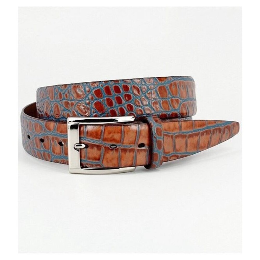 Torino Leather Tan Blue Italian Croc Embossed Belt Men’s 36 Luxury USA